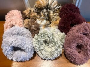 12 faux fur scrunchies in a cluster