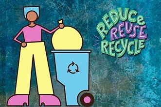 Artistic rendering of a person recycling. Text reads reduce reuse recycle.